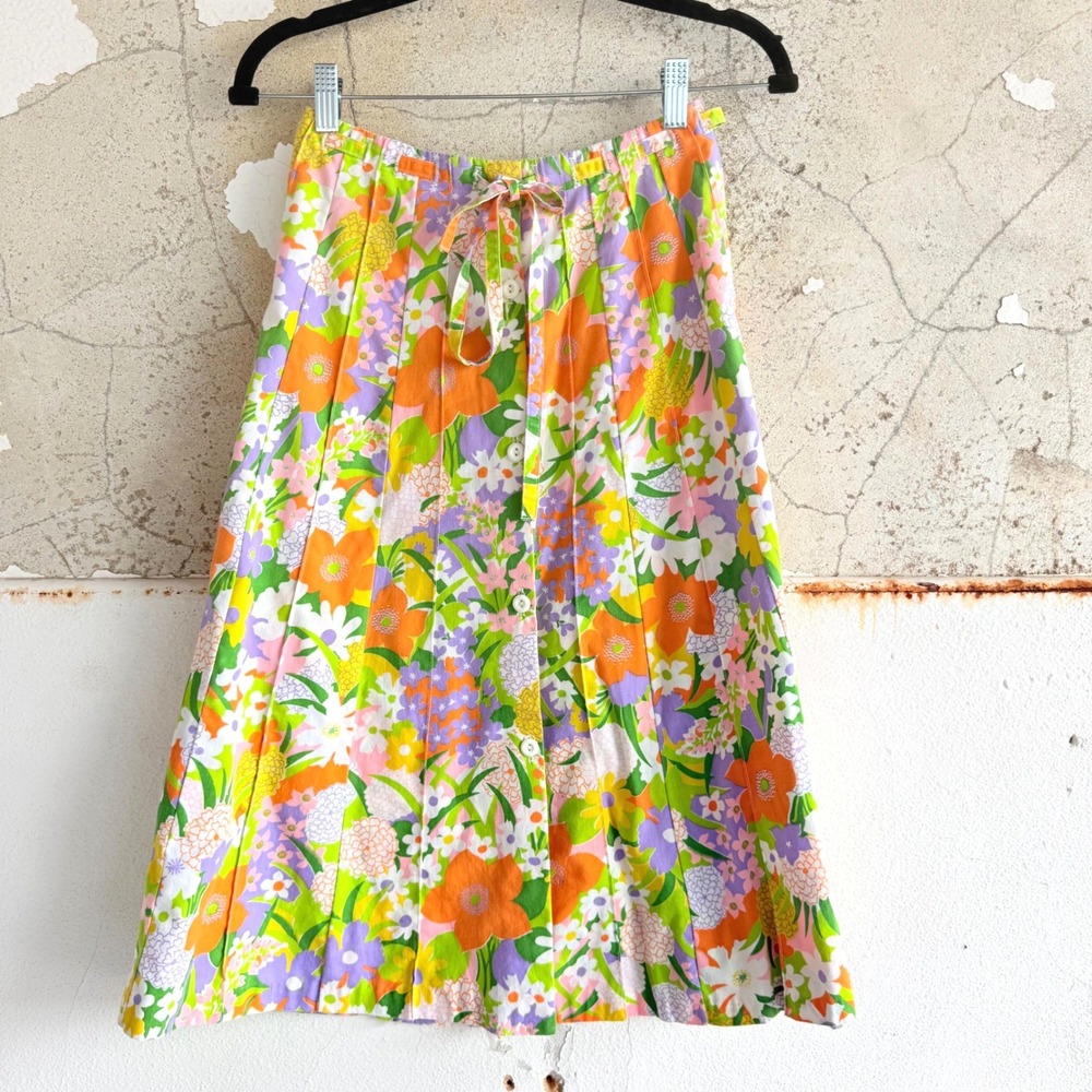 Vintage 70s Midi Skirt Retro Floral High Waisted Flower Power Print Tie Waist S